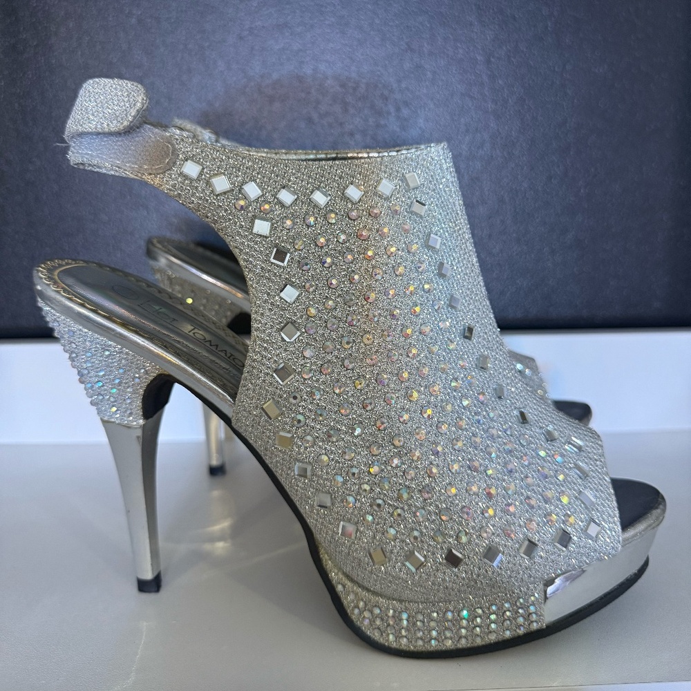 Silver Rhinestone Peep-Toe Platform Heels - Picture 3 of 4